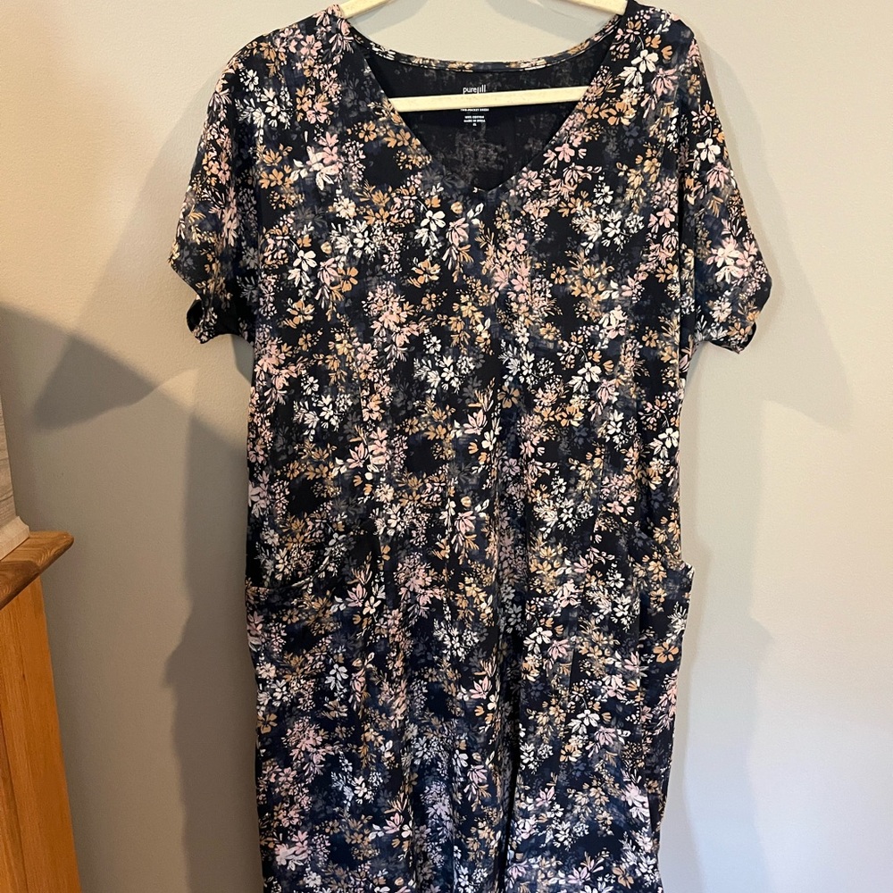 J. Jill Navy Floral Midi Dress with Pink and Cream Accents